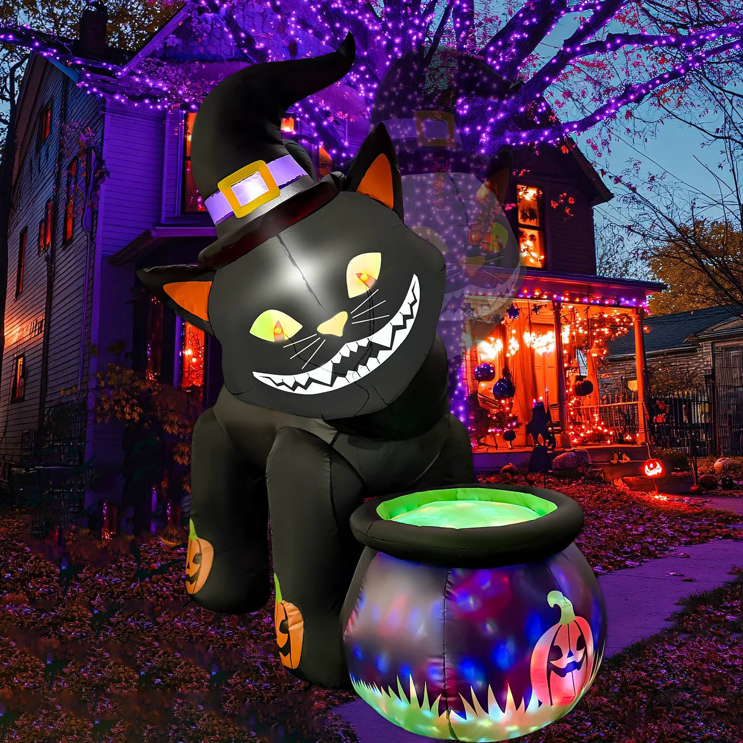 5.2ft Animated Halloween Inflatable Black Cat with Cauldron