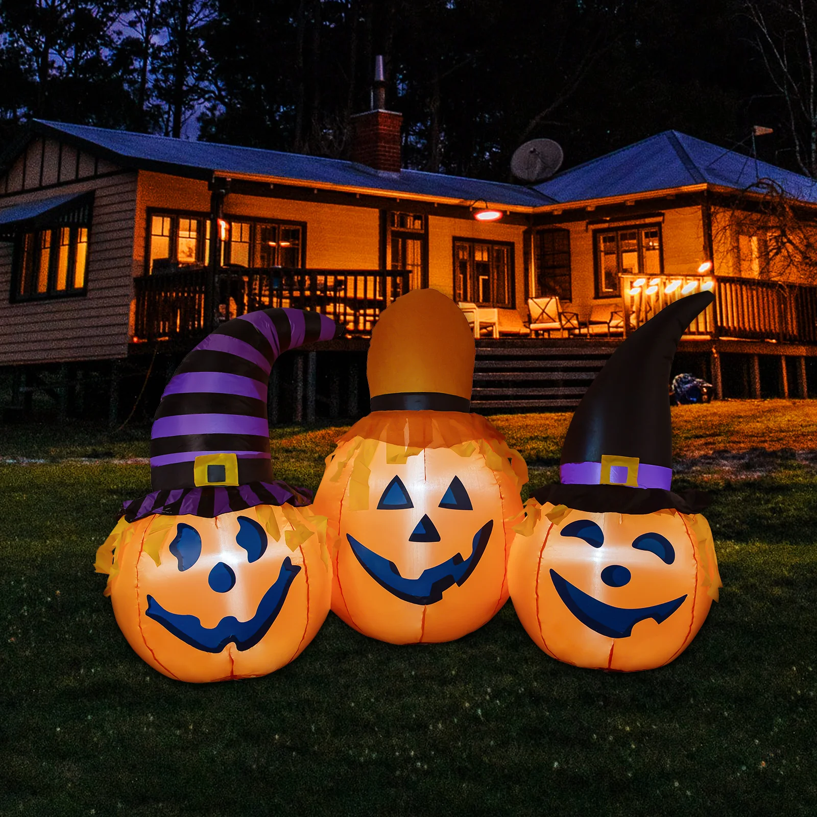 6.5ft Halloween Inflatable Three Pumpkins with Witches Hats